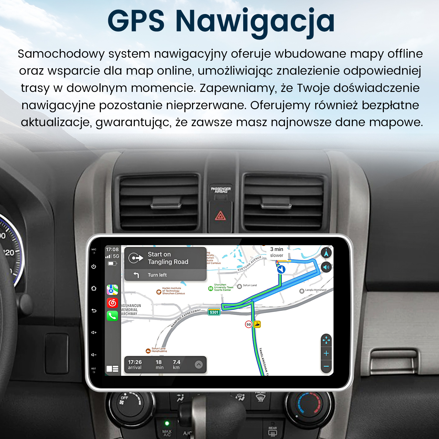 Deska rozdzielcza samochodu, pokazująca nawigację z mapą.