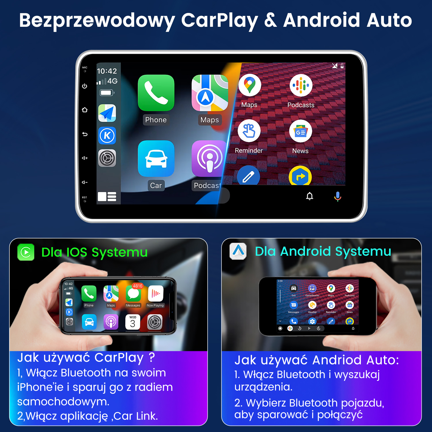 Deska rozdzielcza samochodu z interfejsami CarPlay i Android Auto.