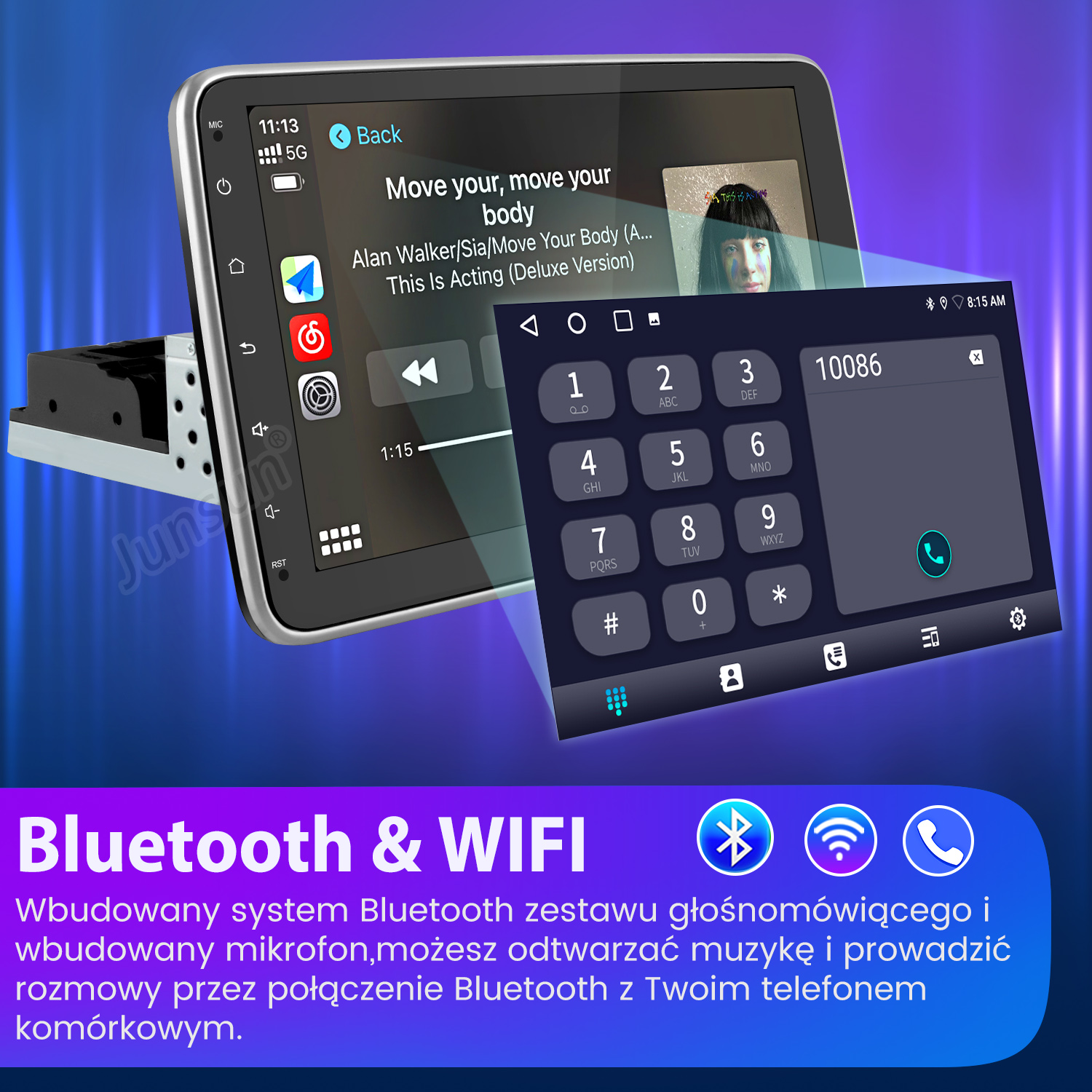 Deska rozdzielcza samochodu pokazująca sterowanie muzyką, telefon i ekran połączeń.