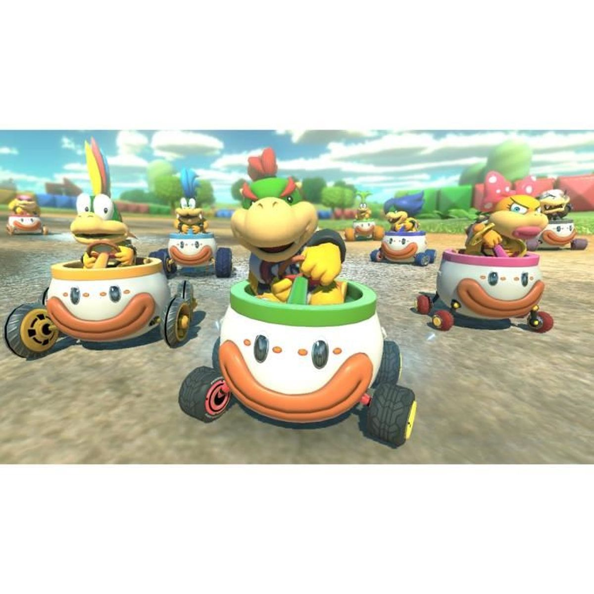 Scena z Mario Kart z wieloma postaciami w gokartach ścigających się na torze.