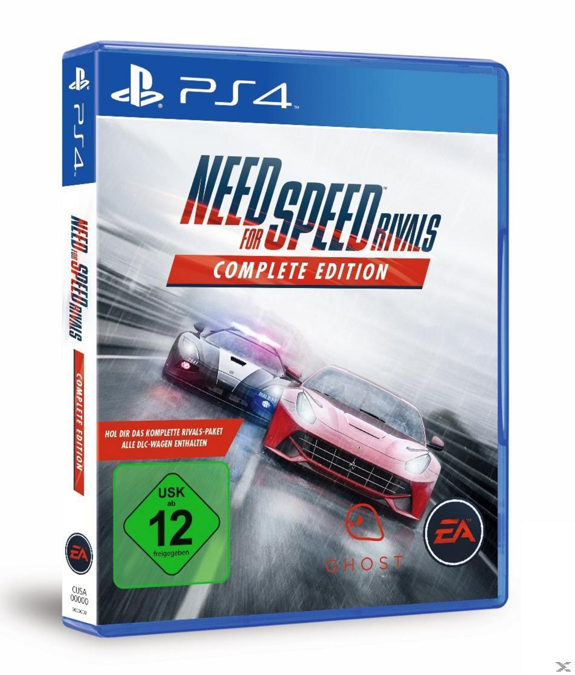 Videospielhülle: Need For Speed Rivals Complete Edition. Zwei Autos rasen auf dem Cover.