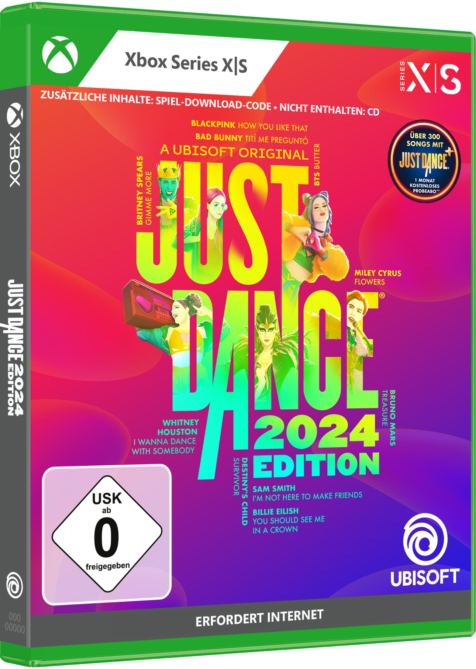 Just Dance 2024 Edition Spielebox. Zeigt Sängerinnen in bunten Outfits und eine USK 0 Bewertung.