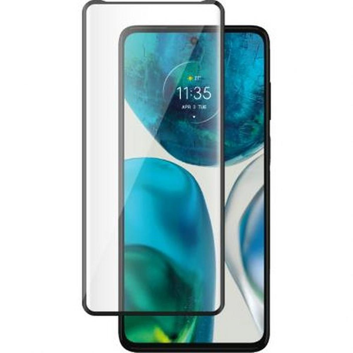 Smartphone met schermbeschermer erop. Telefoon toont blauwe en groene gradiënt achtergrond met klok.