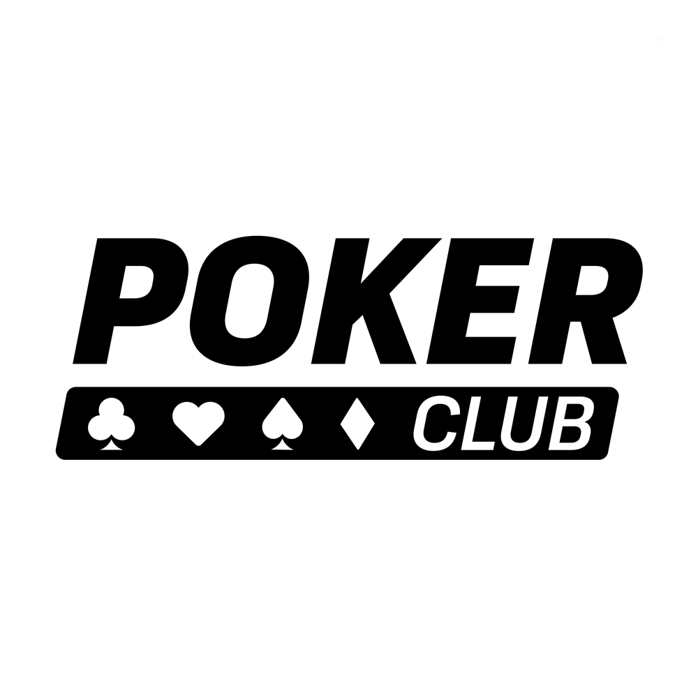 Logo Poker Club z symbolami kart: trefl, kier, pik, karo. Czarny tekst i tło.