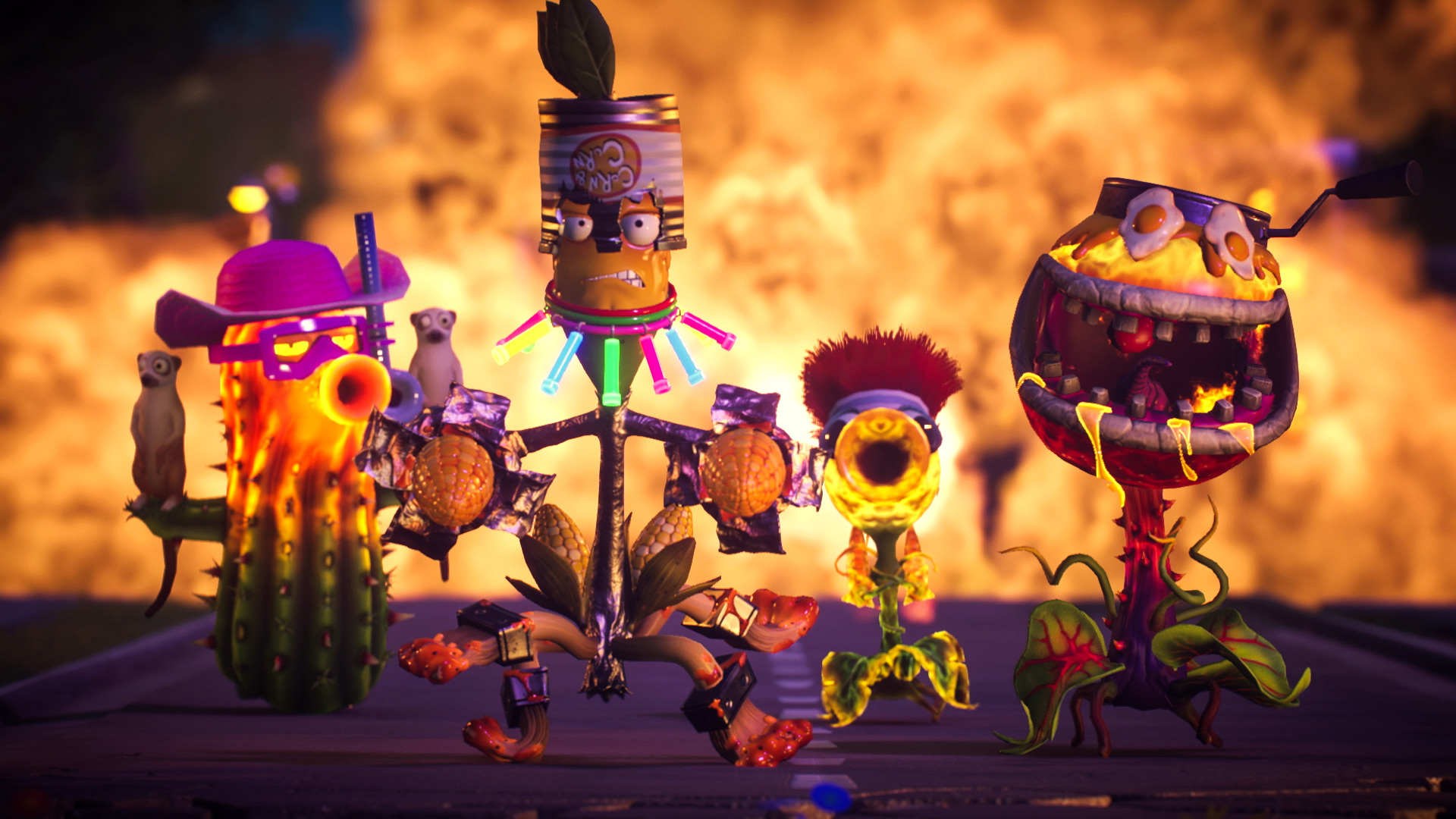 Videospielcharaktere in feuriger Umgebung. Plants vs Zombies Thema. Explosionen sichtbar.