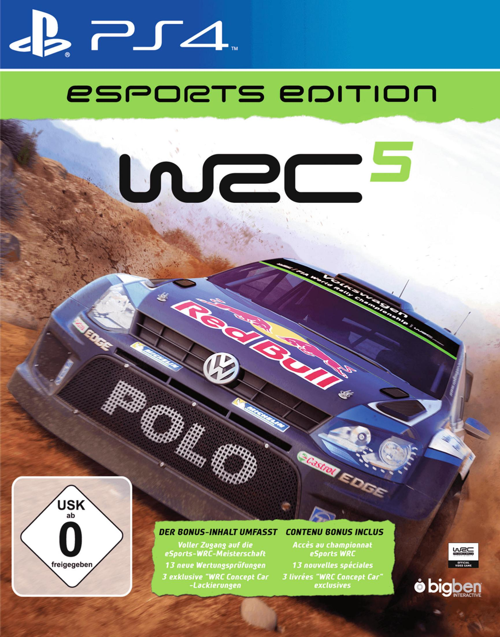 Cover gioco PS4: WRC 5 Esports Edition. Auto in copertina, logo Red Bull, banner verde.