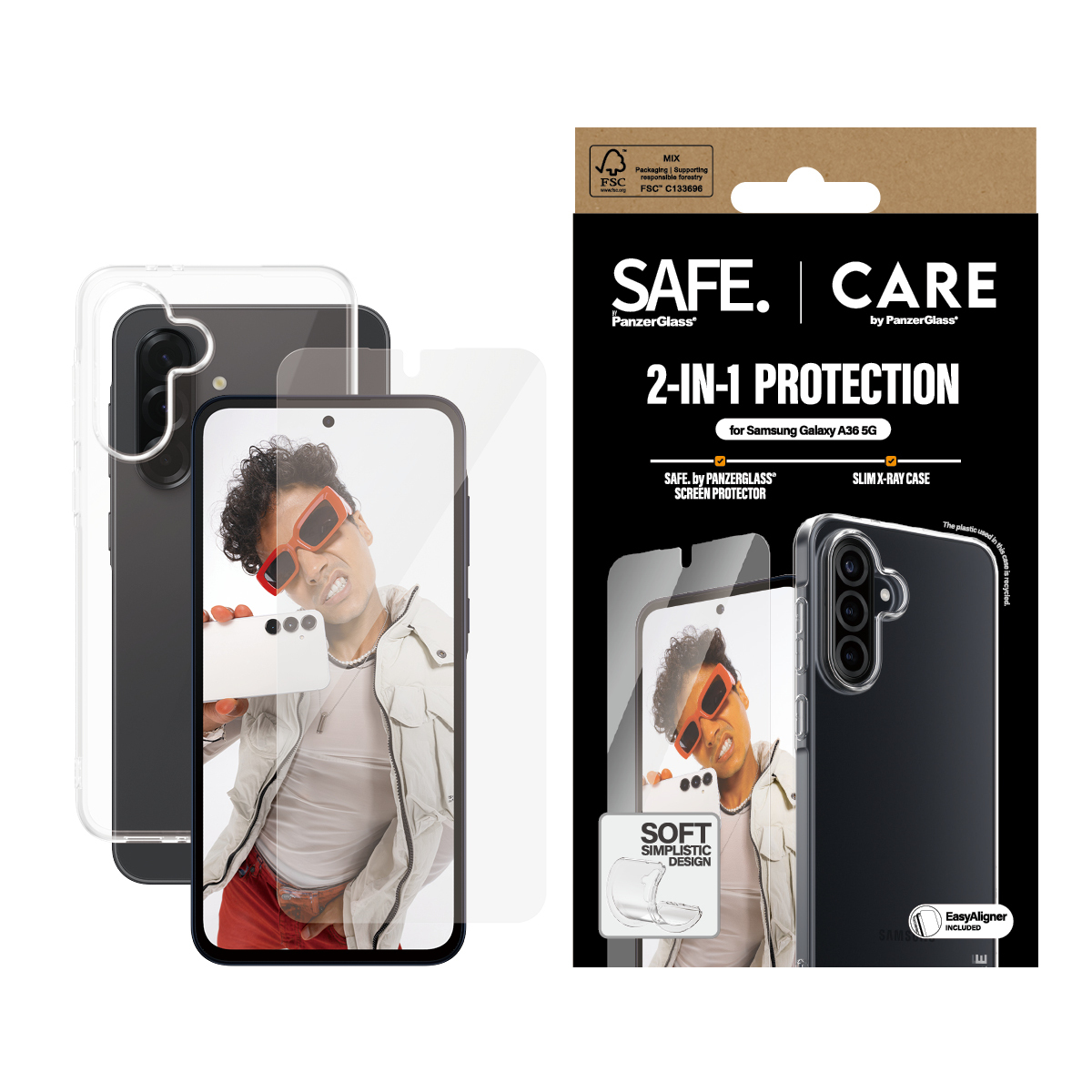 Telefono, protezione schermo e confezione della custodia. L'immagine mostra una persona con occhiali da sole.