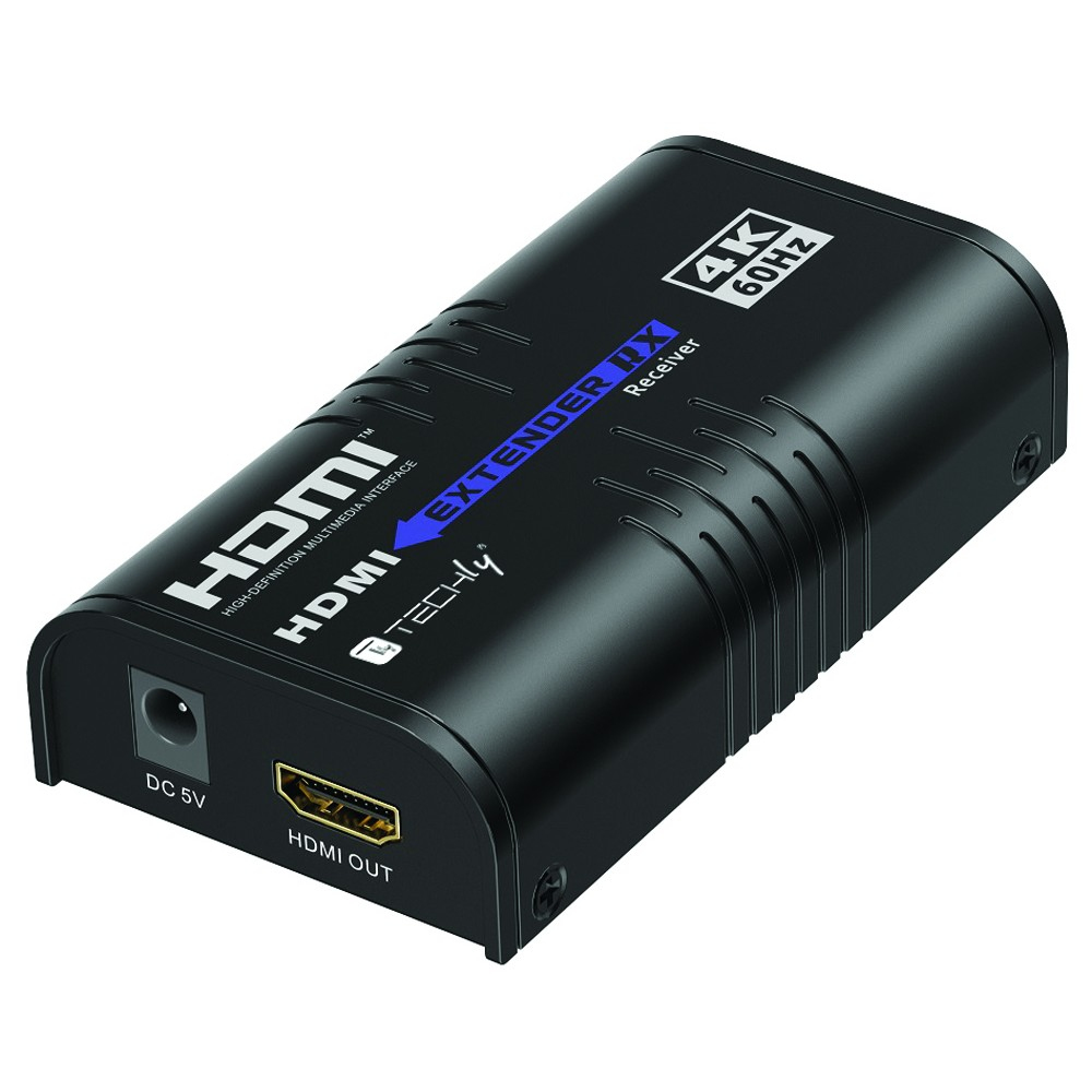 Ricevitore extender HDMI nero. Ha porte HDMI e l'etichetta dice 'HDMI EXTENDER RX'.