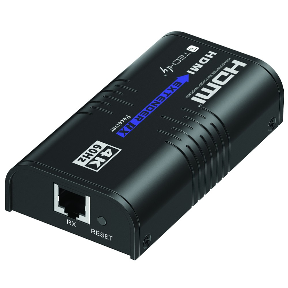 Ricevitore extender HDMI nero con porta per cavo ethernet. Ha porte HDMI e dice '4K 60HZ'.