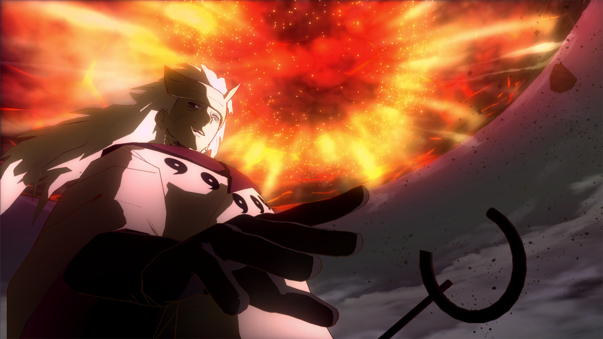 Anime-Szene eines Charakters mit feurigem Hintergrund.