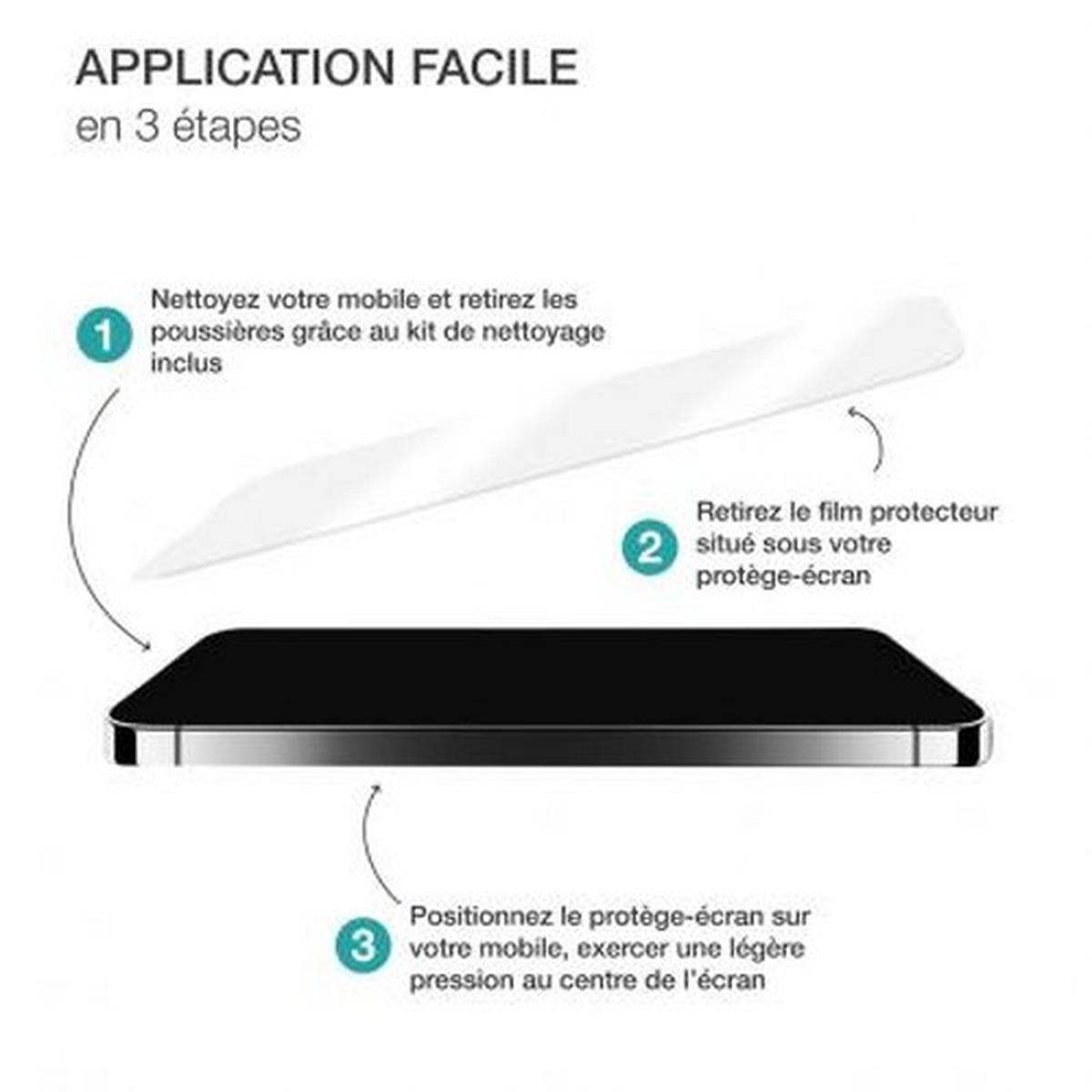 Instructions pour appliquer un protecteur d'écran : Nettoyer, retirer le film et appliquer sur le téléphone.