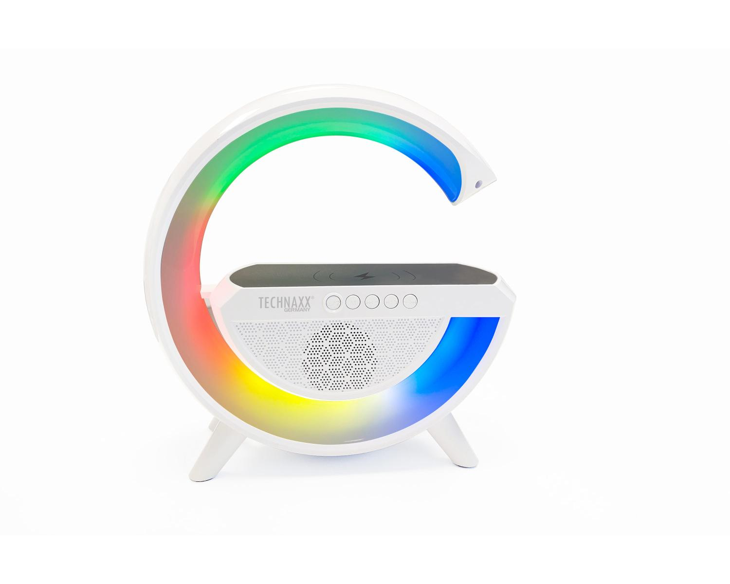 Una lampada bianca, con un arco color arcobaleno. Ha un altoparlante e un pannello touch.