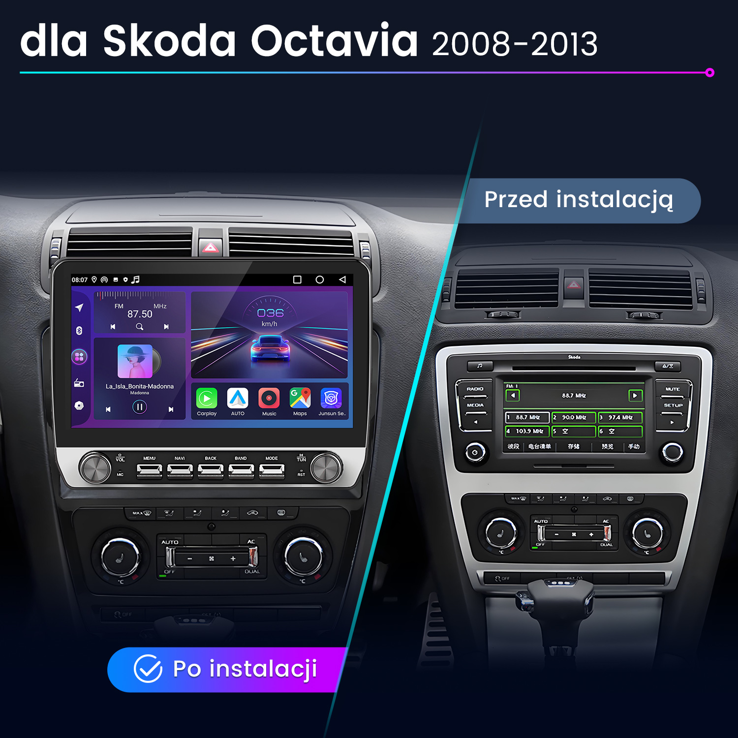 Radio samochodowe z ekranem, pokazujące zdjęcia przed i po instalacji. Tekst po polsku.