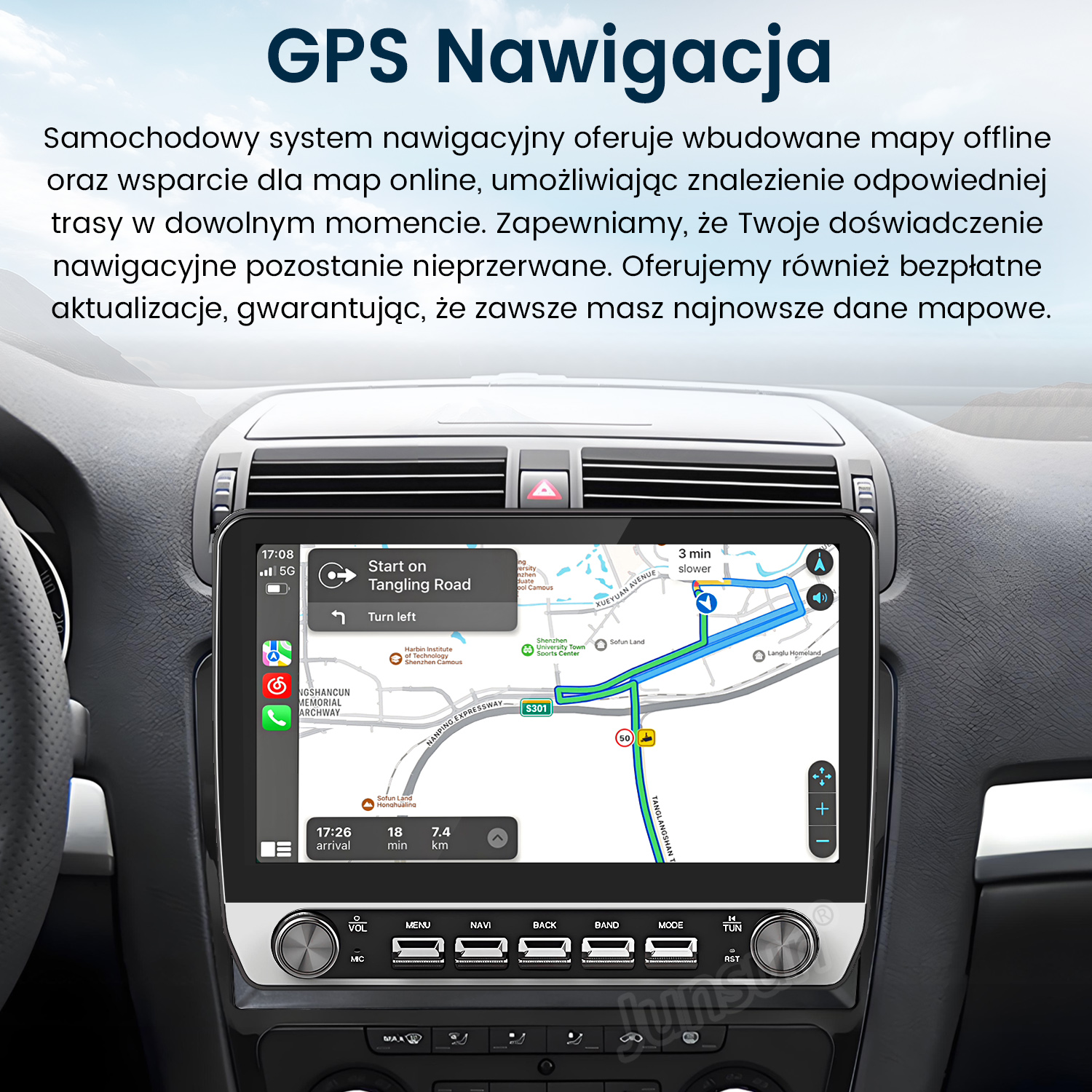 System stereo samochodowy z ekranem pokazującym mapę nawigacji. Czarne tło, szczegóły dróg i przyciski.