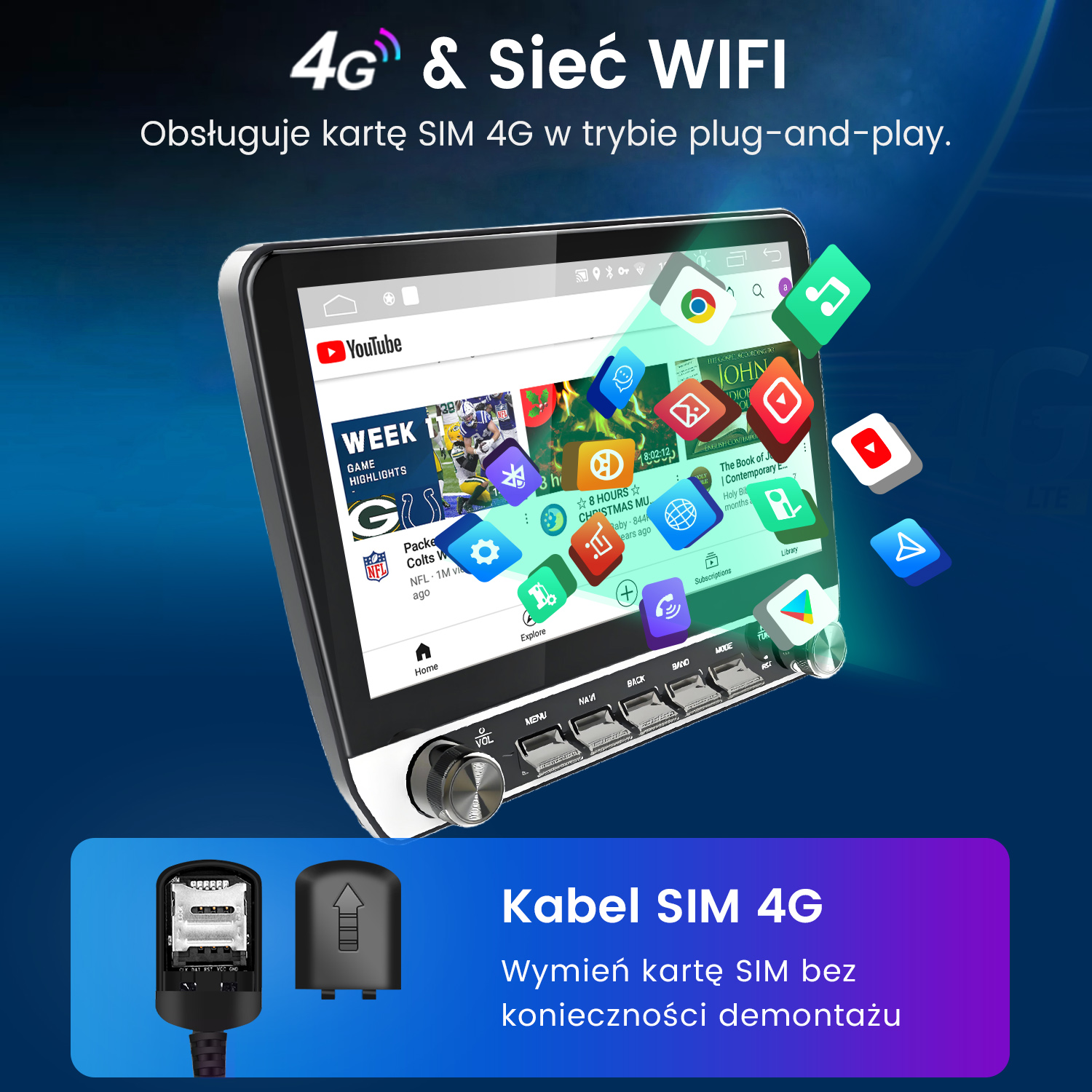 Ekran radia samochodowego pokazujący film z YouTube i instalację karty SIM. Tekst po polsku.