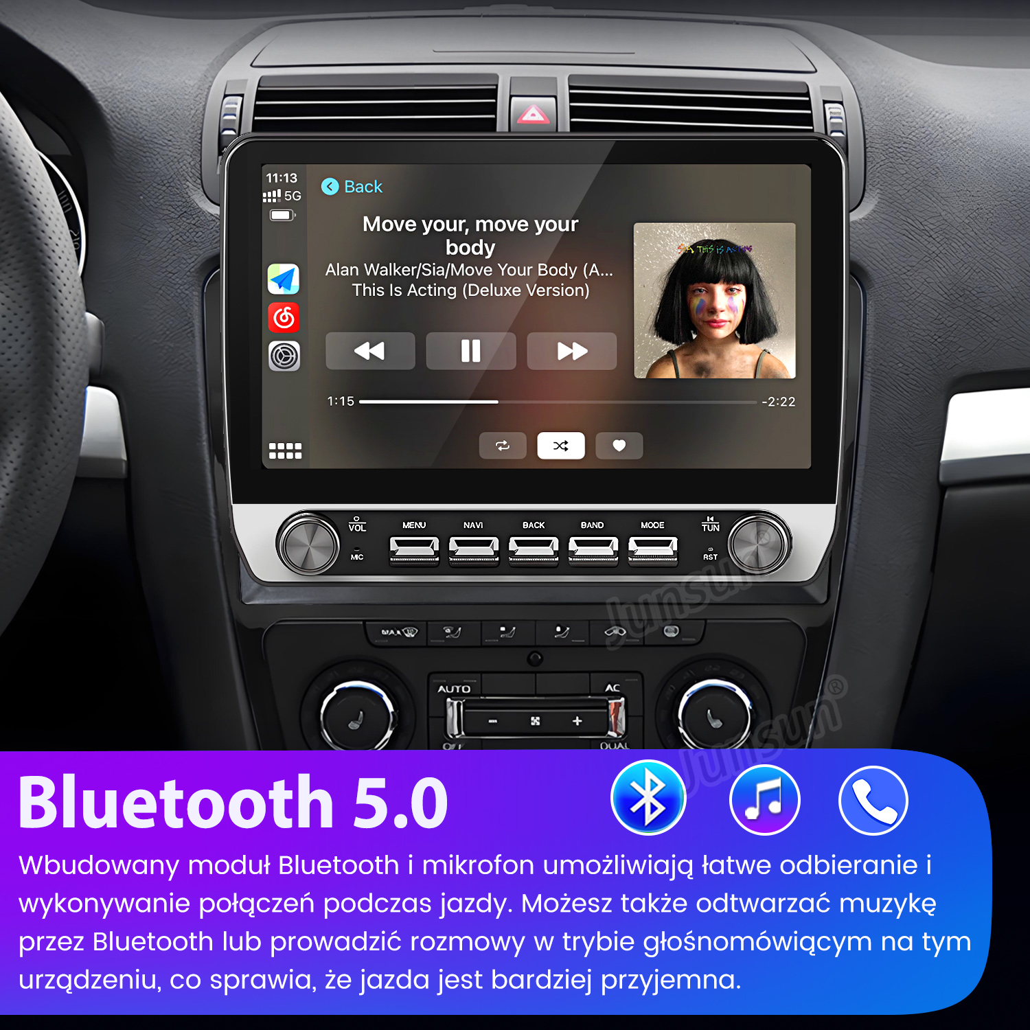 Ekran systemu informacyjno-rozrywkowego w samochodzie wyświetla kontrolki muzyczne. Logo i tekst Bluetooth 5.0.