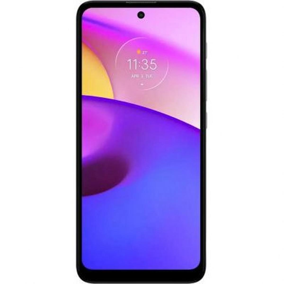 Un smartphone noir avec un écran violet. Le téléphone affiche l'heure et la date.