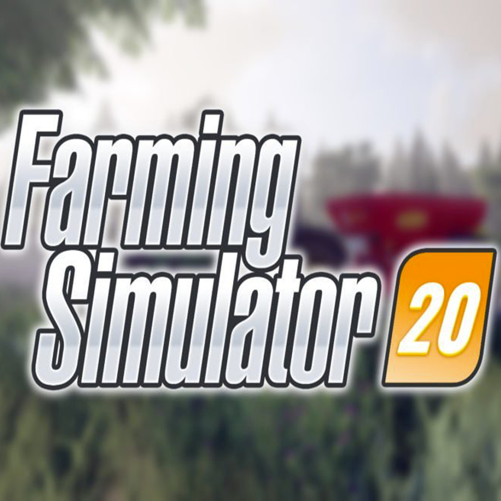 Logo Farming Simulator 20. Rozmyte pole w tle i czerwony kombajn.