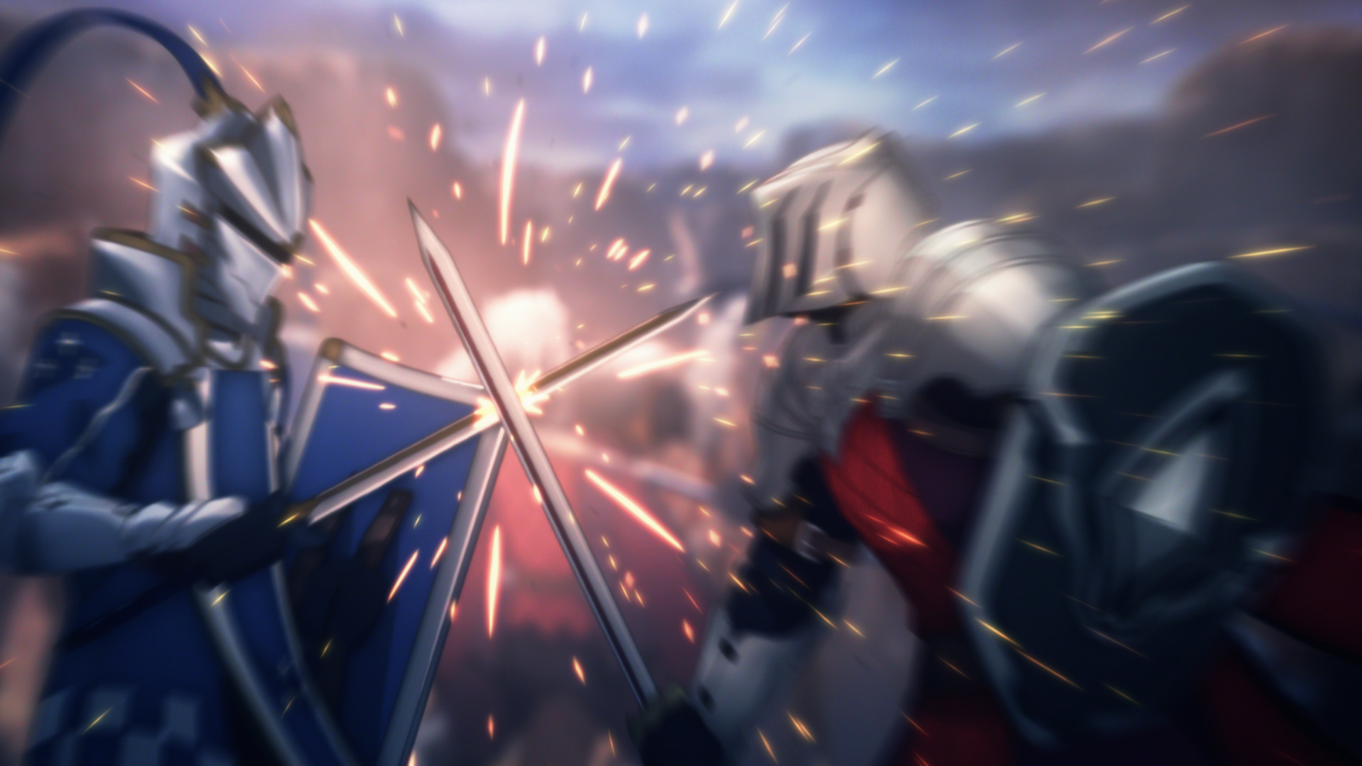 Dwóch rycerzy walczących mieczami. Iskry i rozmyte tło pola bitwy.