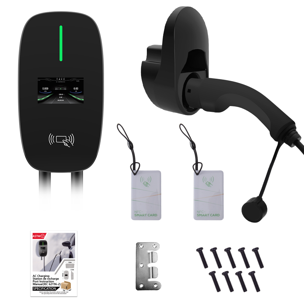Stacja ładowania pojazdów elektrycznych z ekranem, dwoma kartami smart i kablem ładującym. Zestaw montażowy.