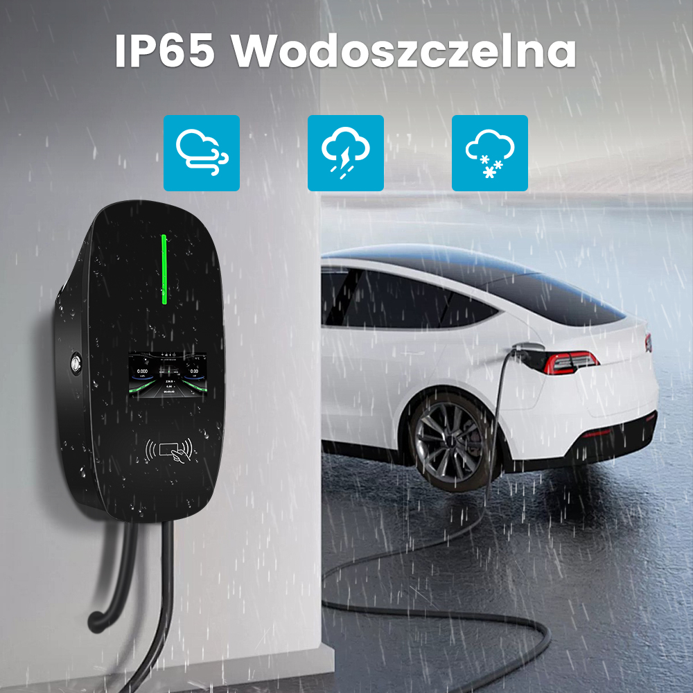 Samochód elektryczny ładujący się w deszczu, ze stacją ładowania i tekstem o IP65 wodoodporności.