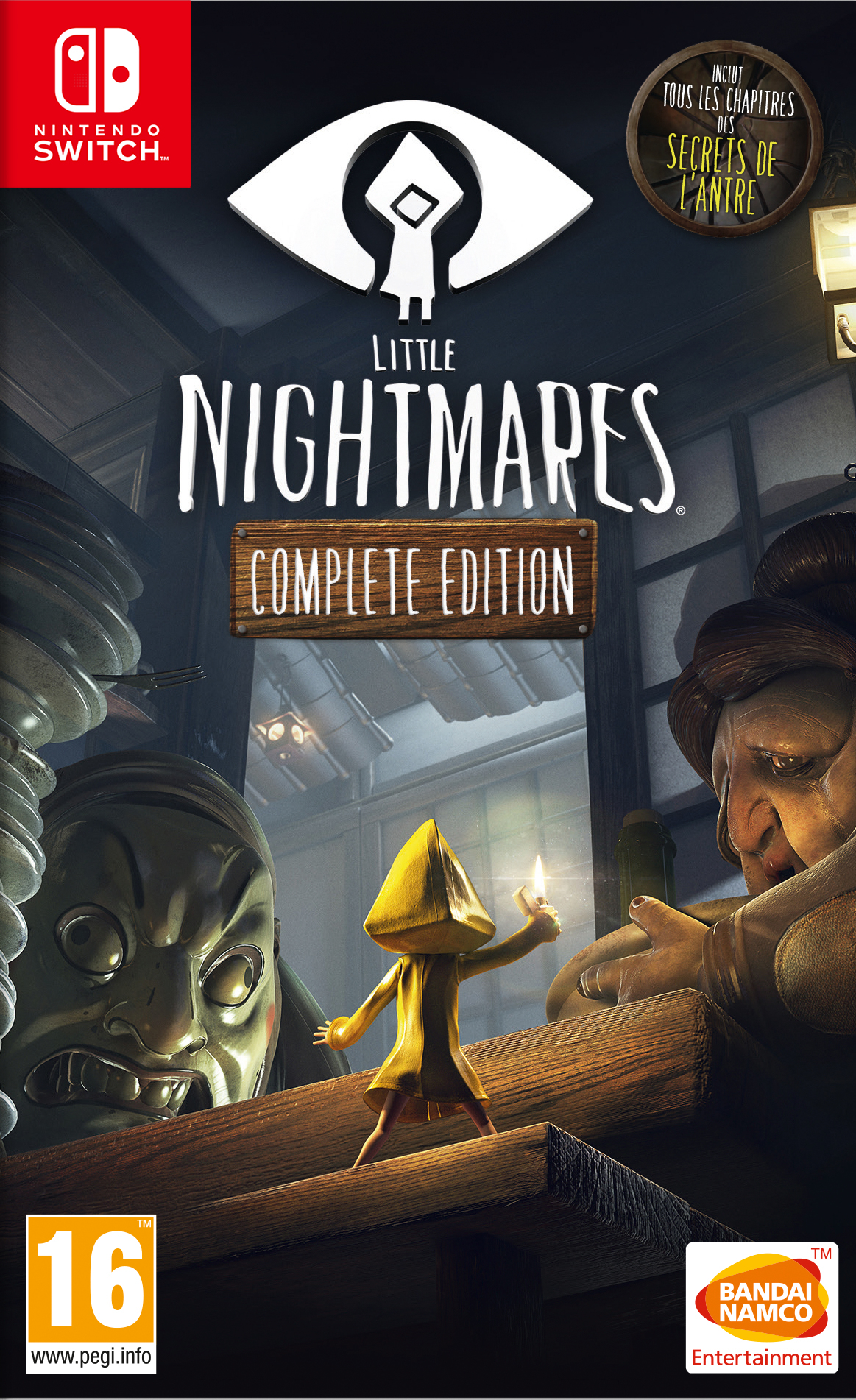Grafika pudełka gry Little Nightmares z postacią w żółtym stroju i innymi postaciami.