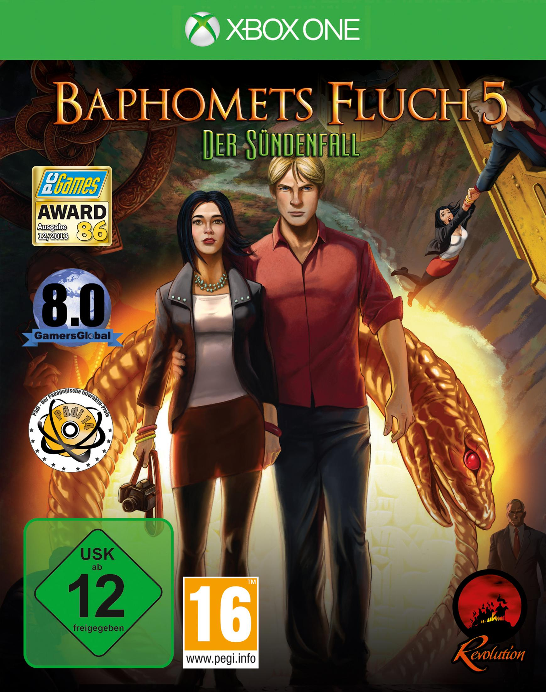 Spielcover: Paar, Schlange und eine stürzende Figur. Titel: Baphomets Fluch 5. Bewertungssiegel und Logo.