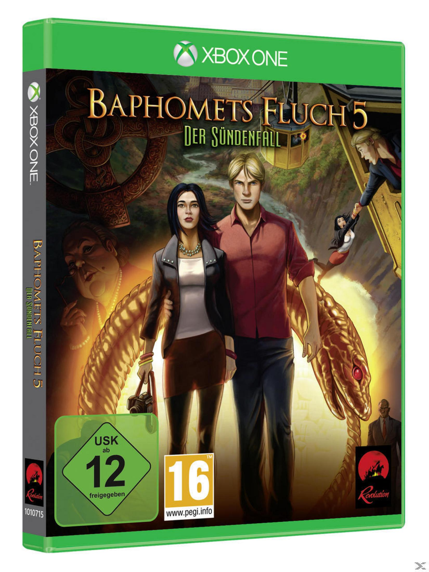 XBOX ONE Spielcover, Baphomets Fluch 5, mit zwei Personen, Schlange und Hintergrund.