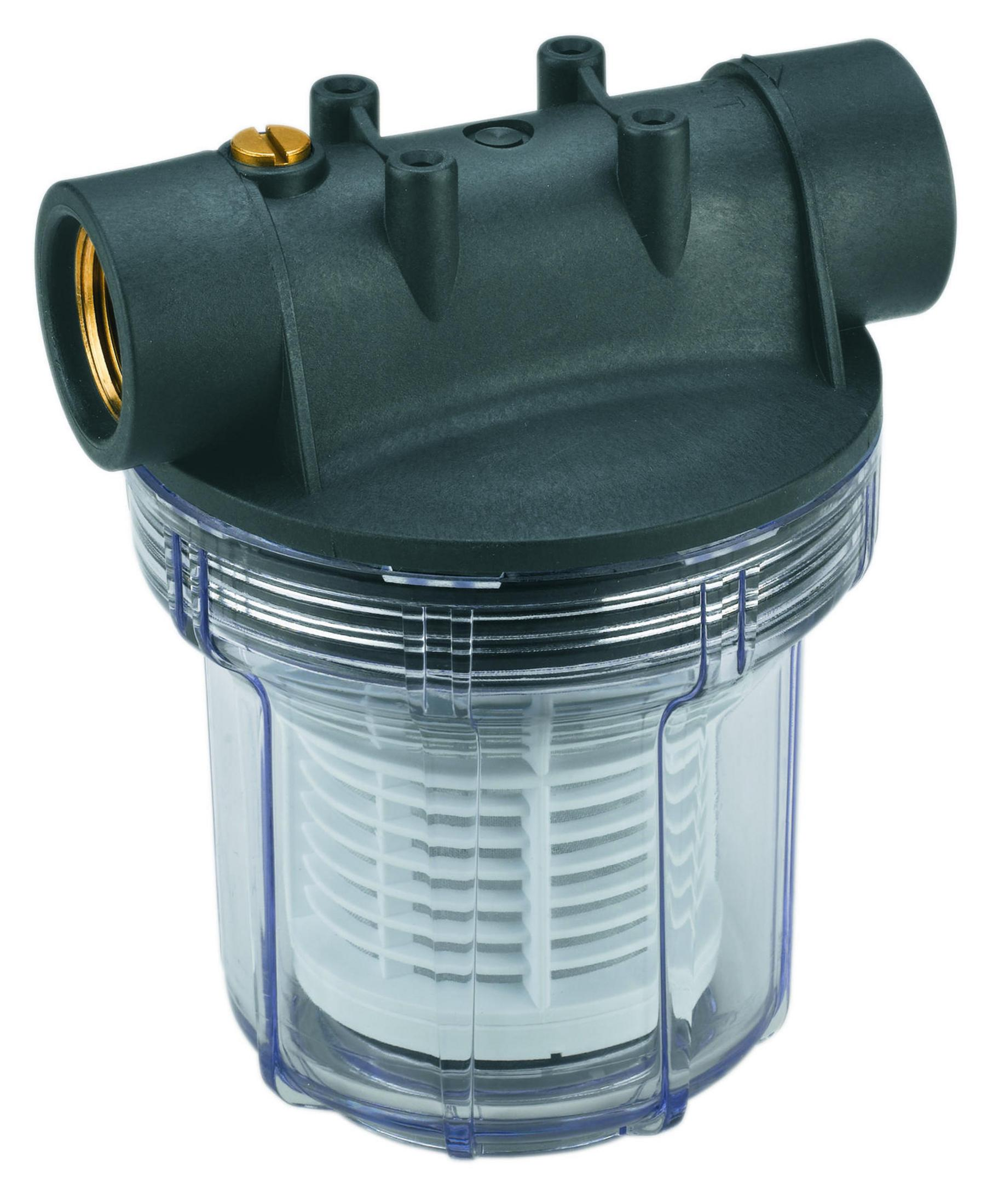 Filtr do wody. Przezroczysty cylinder, czarny góra i dół, z białym filtrem w środku.