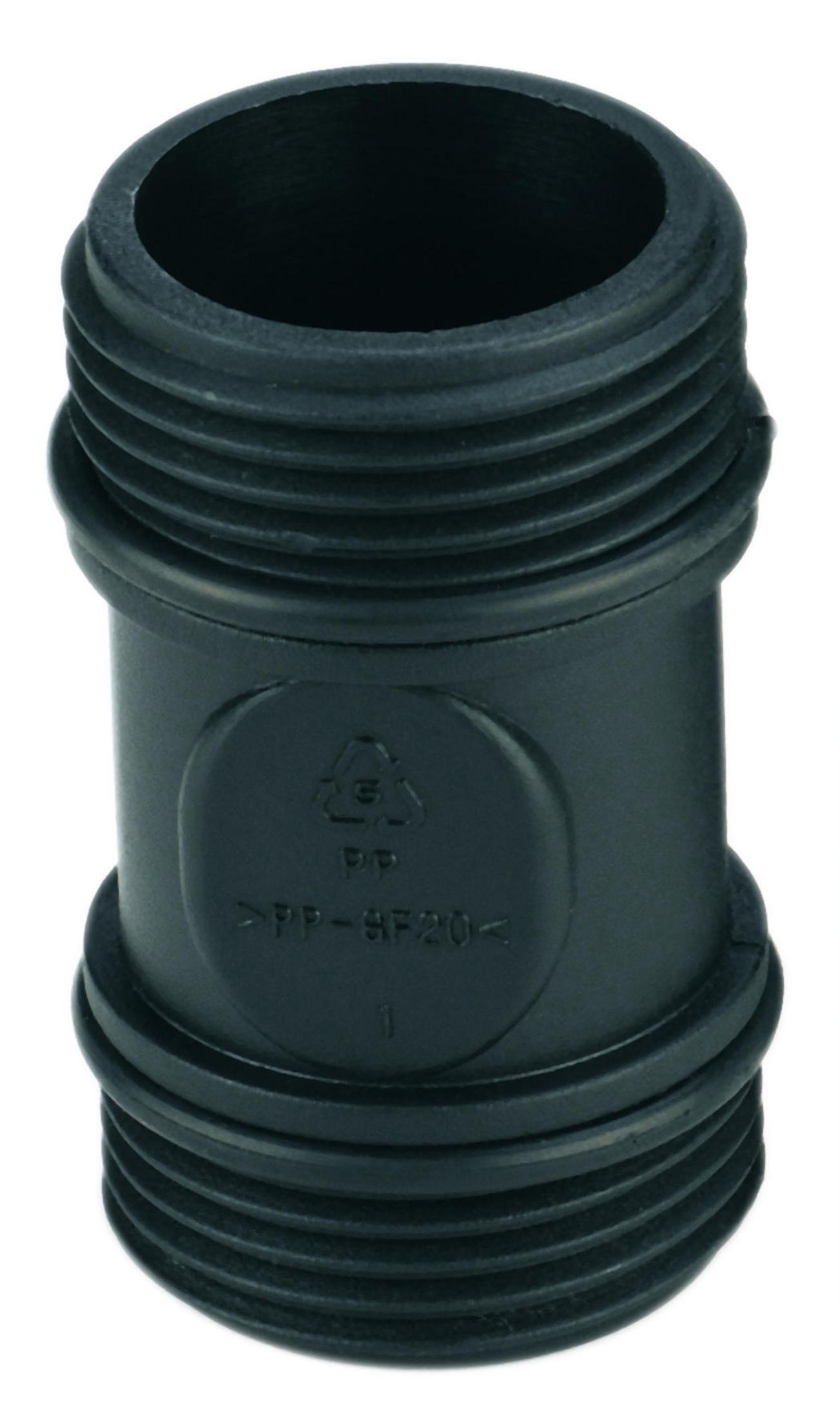 Czarny plastikowy adapter z gwintami na obu końcach. Tło jest białe.