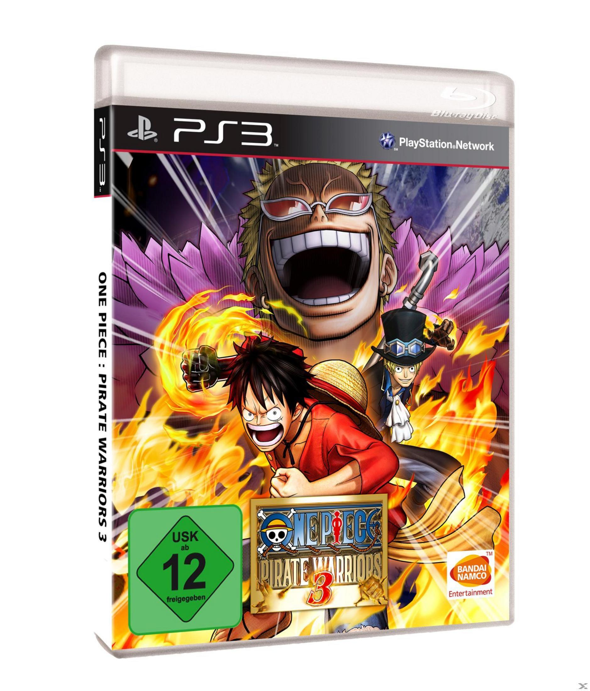 Spielcover: Zeichentrickfiguren von One Piece. Titel: One Piece Pirate Warriors 3. Logo und Aufkleber.