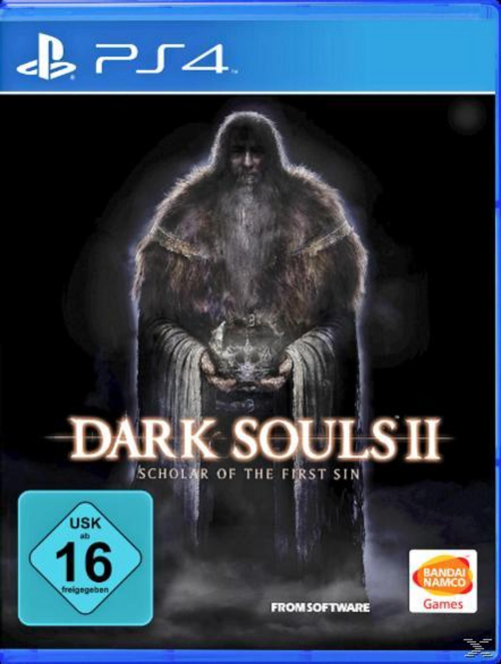 Dark Souls II-Spielcover. Eine vermummte, bärtige Figur hält eine Krone. Der Text lautet: "DARK SOULS II" mit USK-Bewertung.