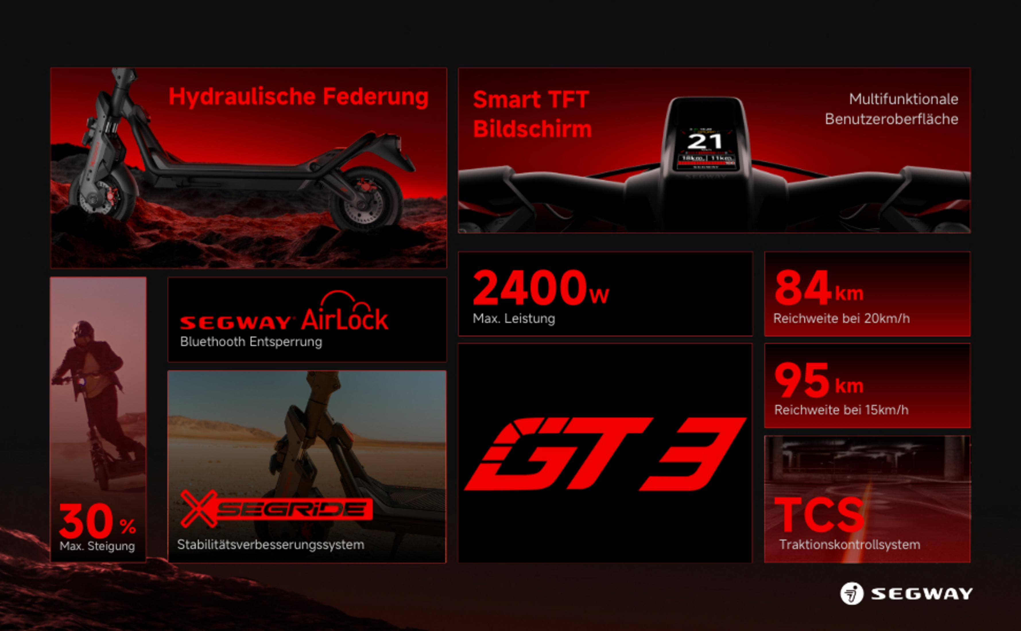 Hulajnoga elektryczna Segway GT3 z czerwonymi akcentami i wyświetlaczami danych.