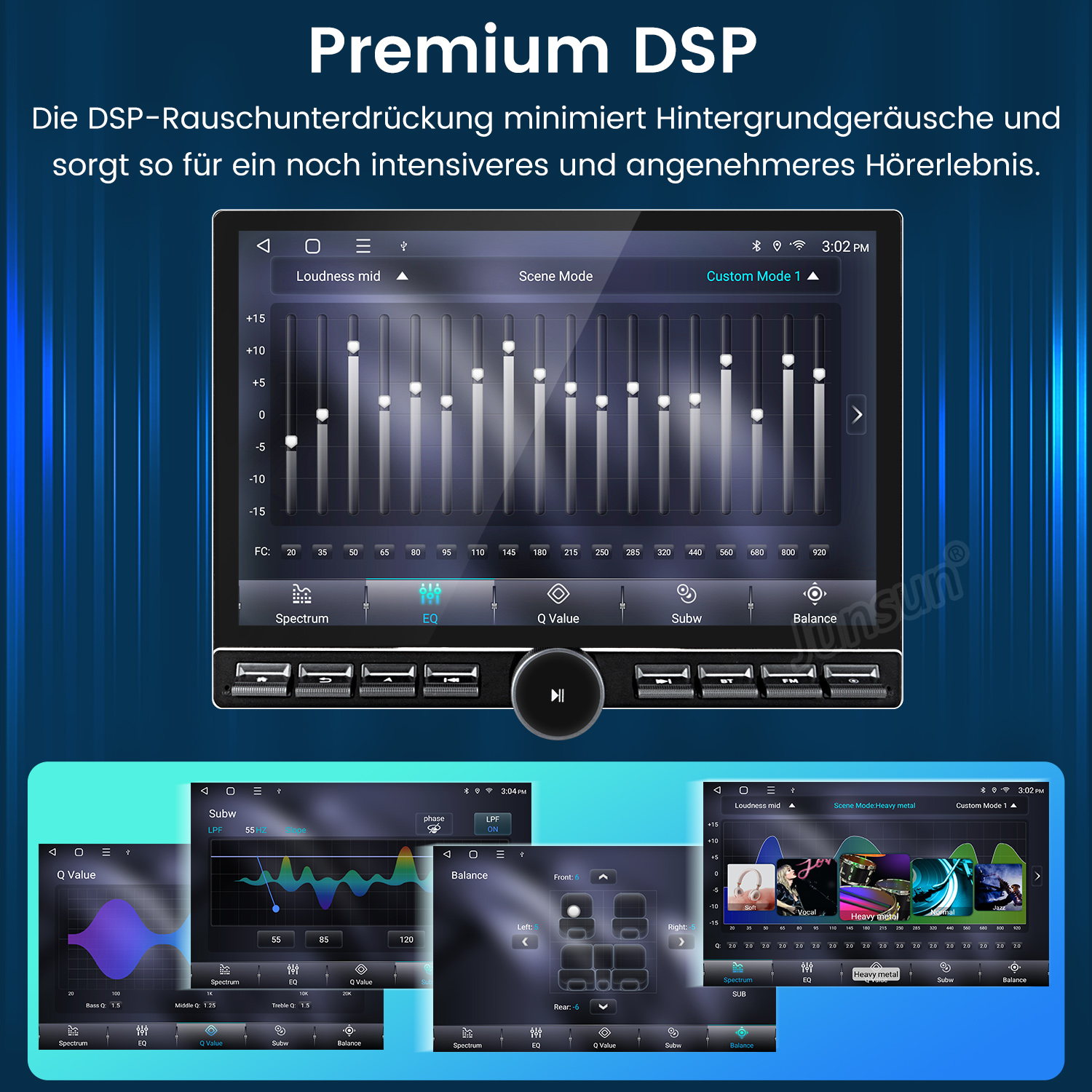 Interfejs systemu multimedialnego w samochodzie, pokazujący ustawienia korektora i tryby dźwięku.