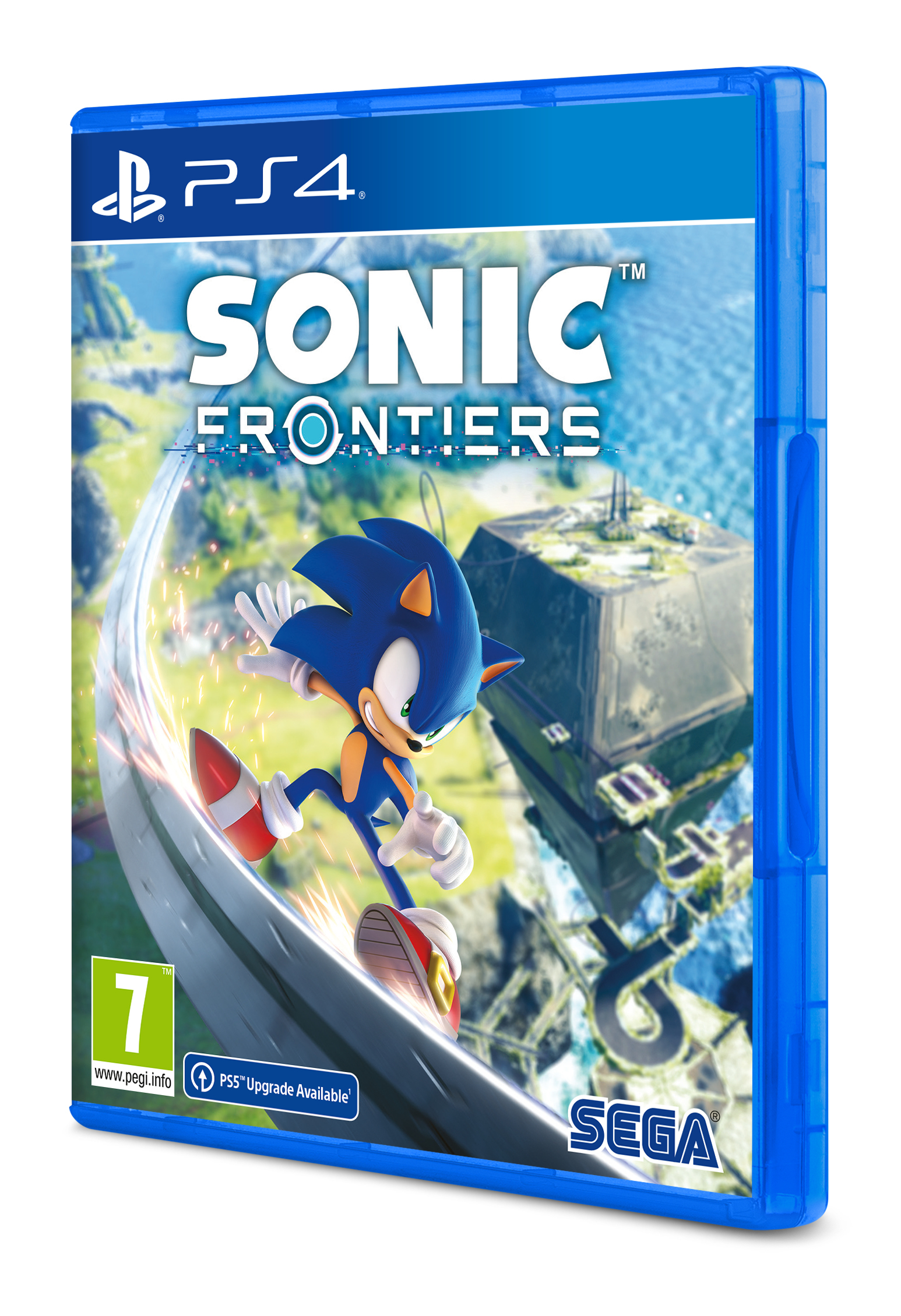 Etui na grę PS4 dla Sonic Frontiers, z Soniciem biegnącym po torze z kolorowym tłem.