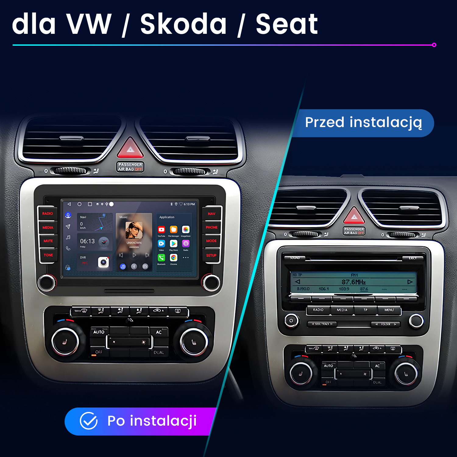 System informacyjno-rozrywkowy samochodu, pokazujący przed i po instalacji. Wyświetlanie aplikacji multimedialnych i nawigacyjnych.