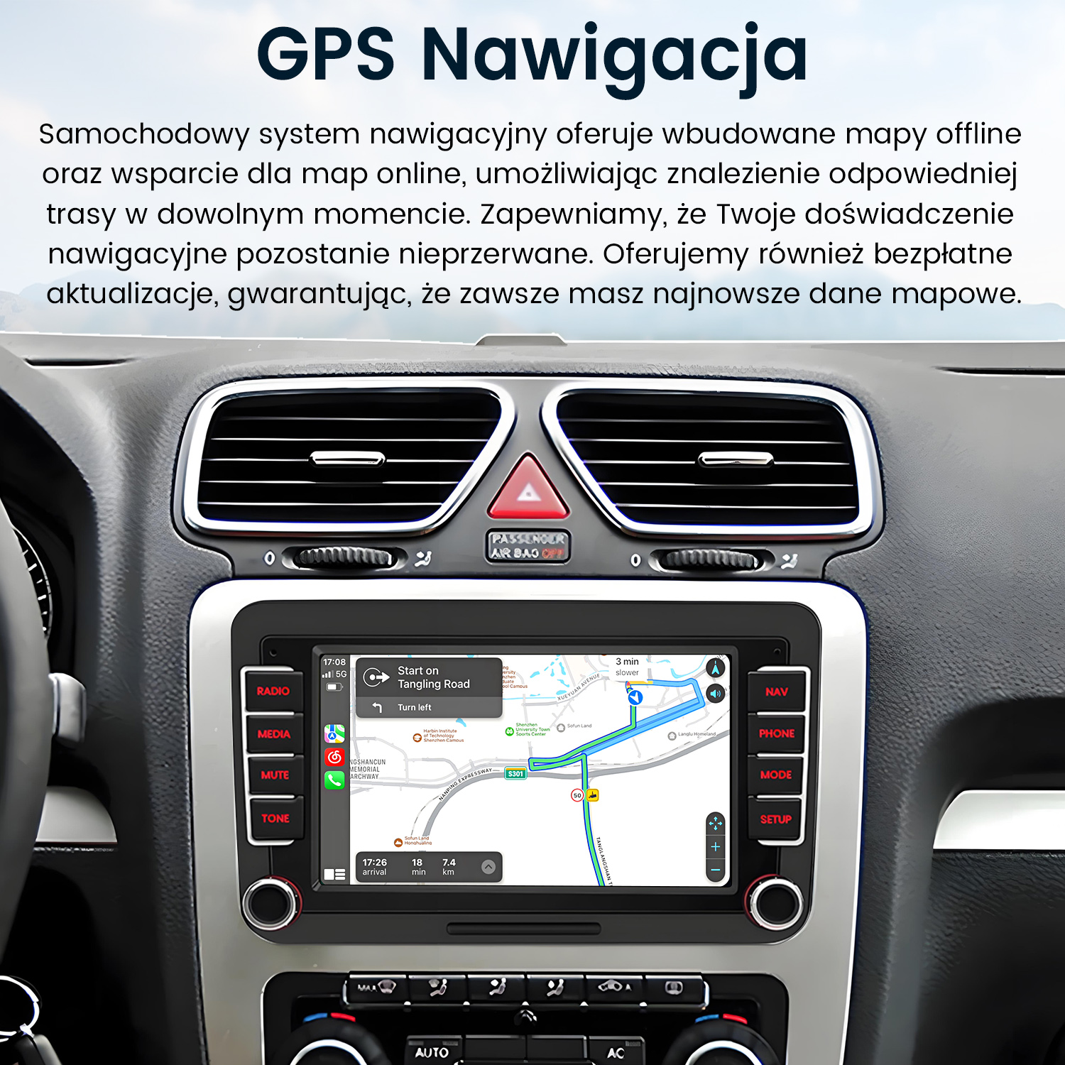 Ekran informacyjno-rozrywkowy samochodu wyświetlający aplikację nawigacyjną z mapą i wskazówkami skrętu.