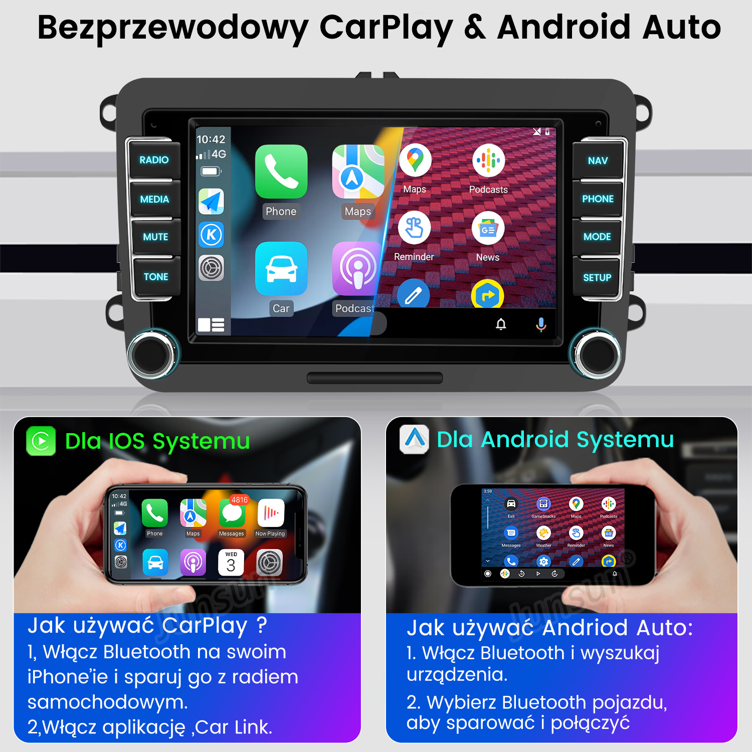 Radio samochodowe pokazujące CarPlay i Android Auto z przykładami ekranów telefonu i aplikacji oraz instrukcją.