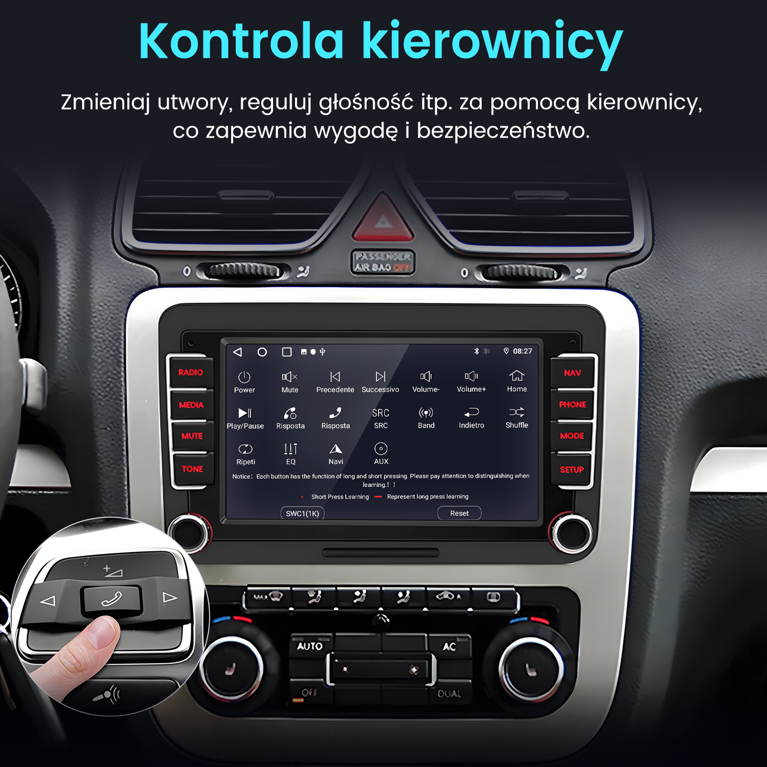 Ekran informacyjno-rozrywkowy samochodu pokazujący interfejs muzyczny i dialer telefoniczny. Palec naciska przycisk.