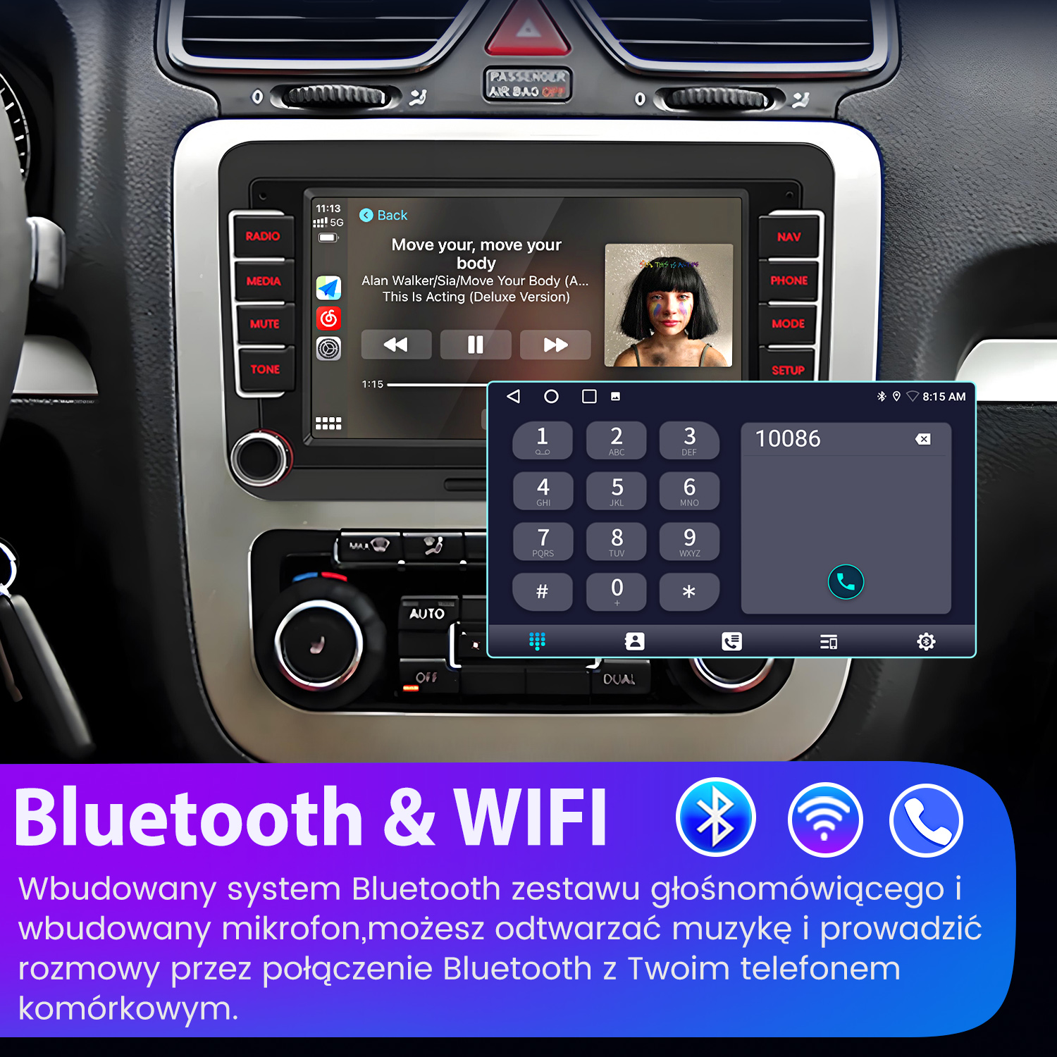 Ekran informacyjno-rozrywkowy samochodu wyświetlający muzykę i interfejs telefonu. Pokazane są ikony Bluetooth i Wi-Fi.