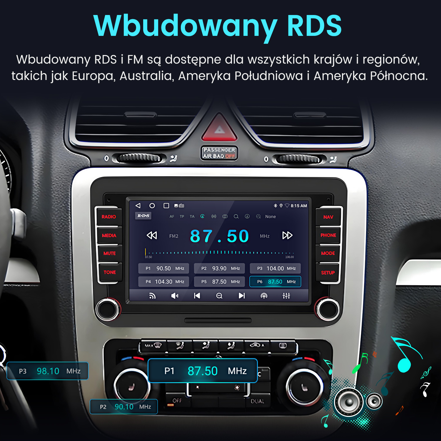 Ekran informacyjno-rozrywkowy samochodu wyświetlający informacje radiowe. Pokazuje nazwy stacji i częstotliwości w samochodzie.