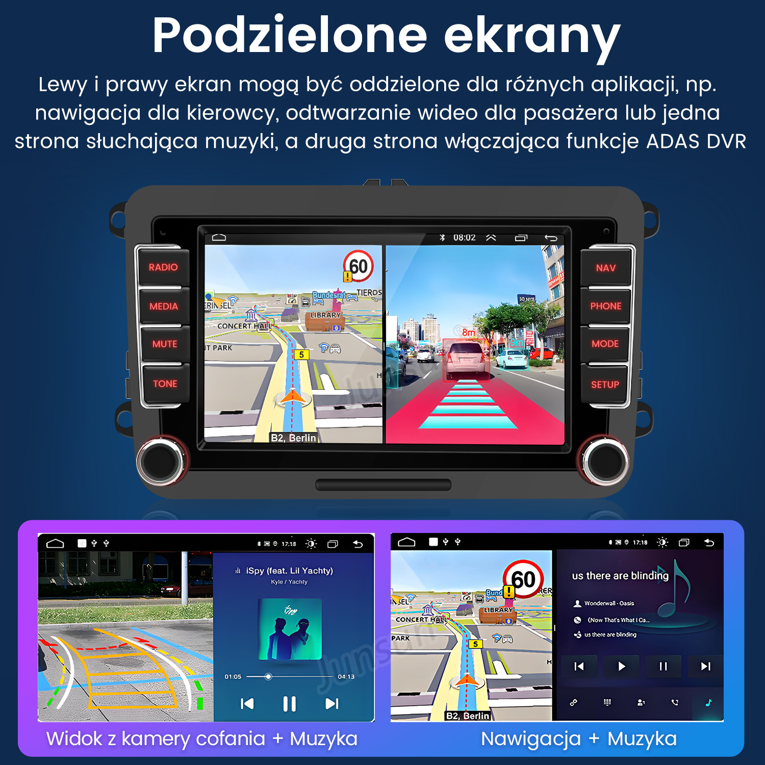 Podzielony ekran informacyjno-rozrywkowy samochodu, wyświetlający jednocześnie interfejsy nawigacji i muzyki. Wiele widoków mapy.