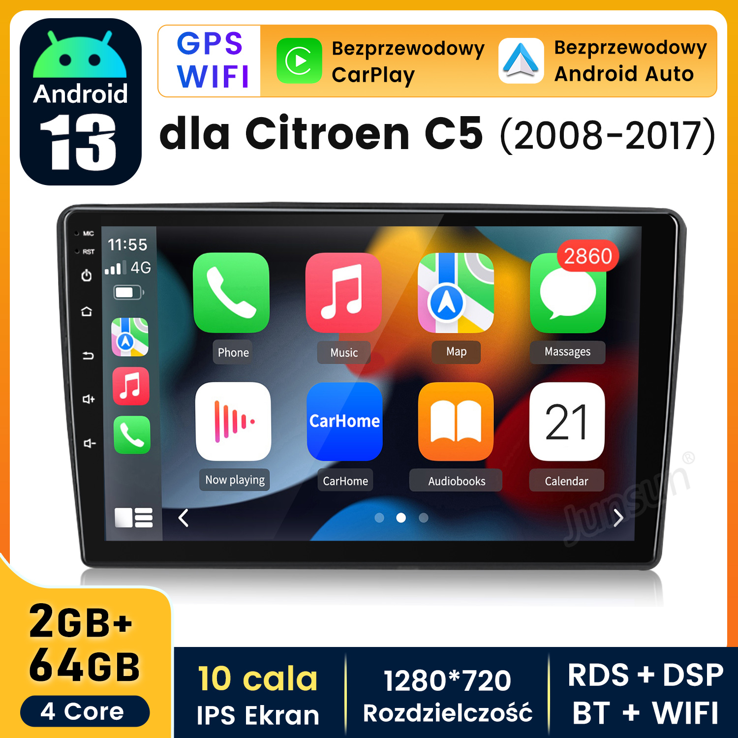 Ekran multimedialny samochodu z ikonami aplikacji, tekstem i danymi. Dla Citroena C5.