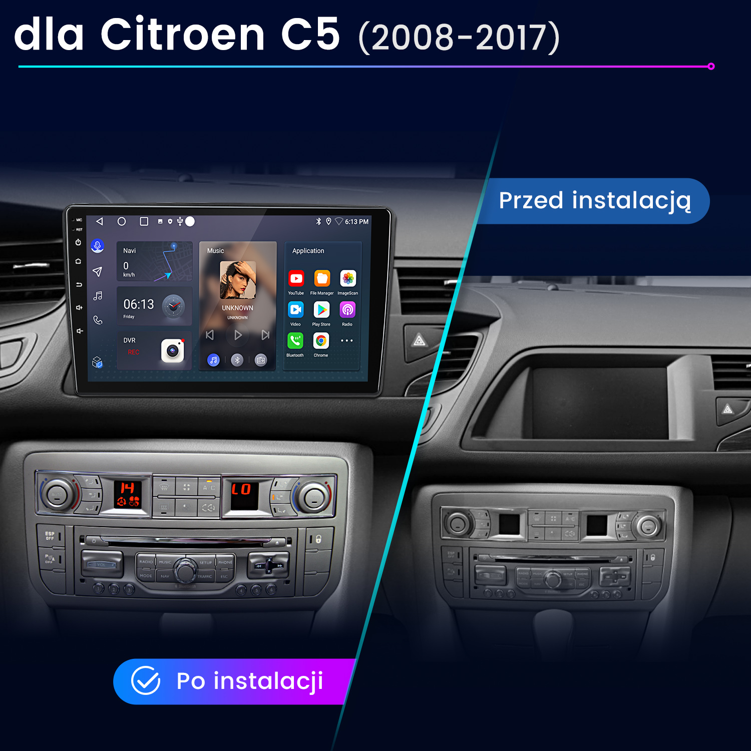 Porównanie ekranów multimedialnych samochodu przed i po instalacji, pokazujące ikony aplikacji.