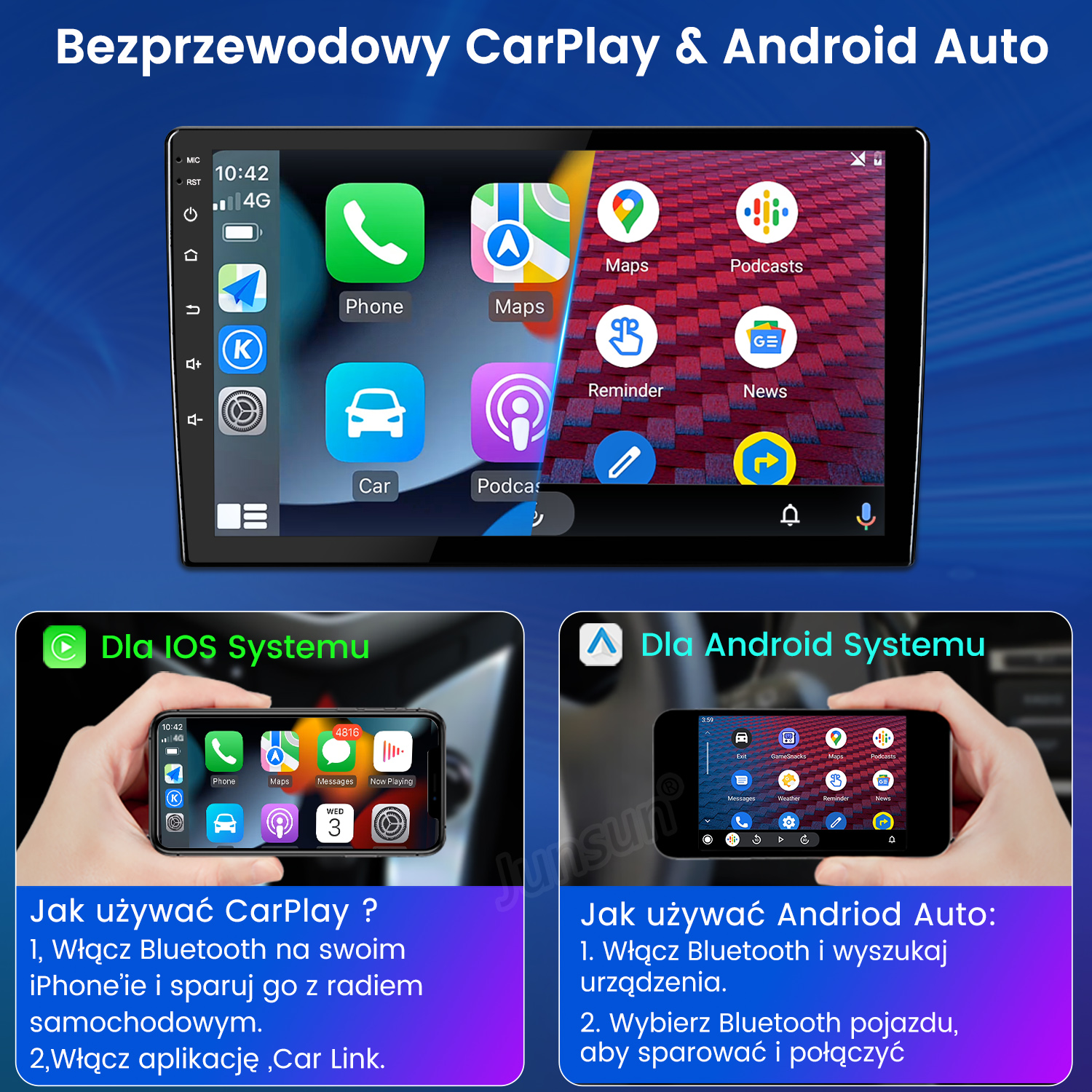 Ekran samochodowego systemu multimedialnego z instrukcjami dla CarPlay i Android Auto. Pokazuje ikony telefonu i mapy.
