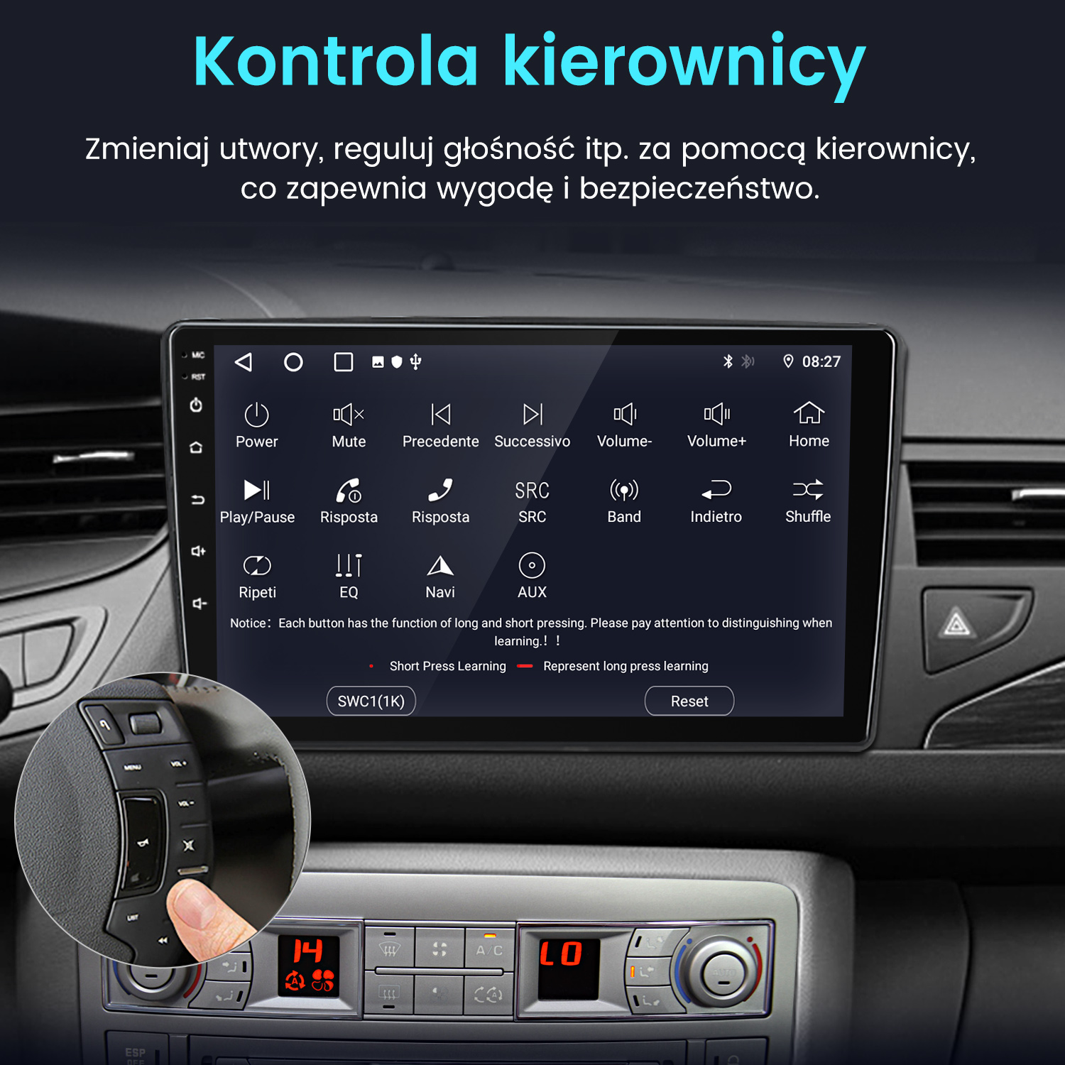 Ekran multimedialny samochodu z przyciskami funkcyjnymi, elementami sterowania i kierownicą.