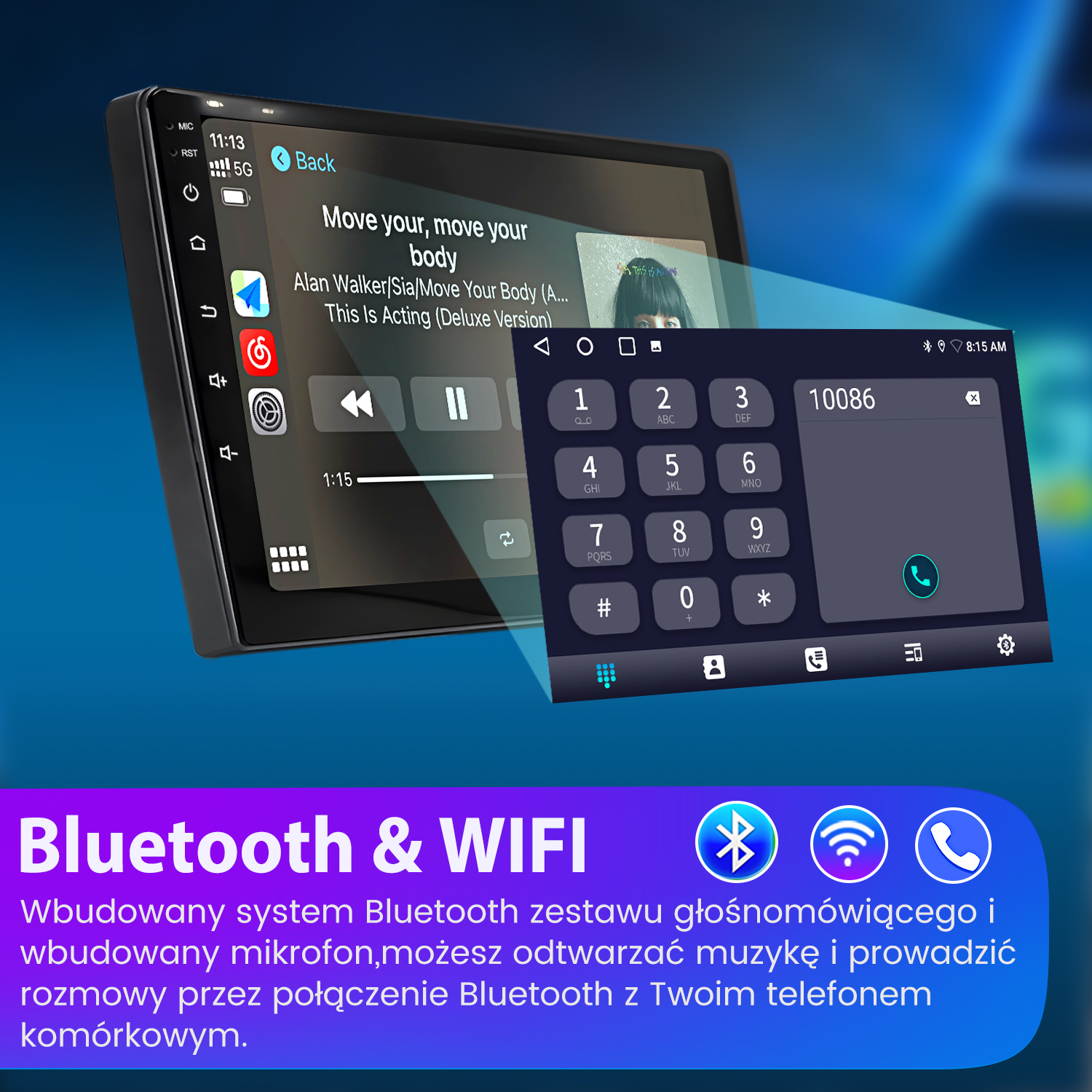 Ekran multimedialny samochodu wyświetlający elementy sterowania muzyką, klawiaturę telefonu oraz opcje Bluetooth i Wi-Fi.