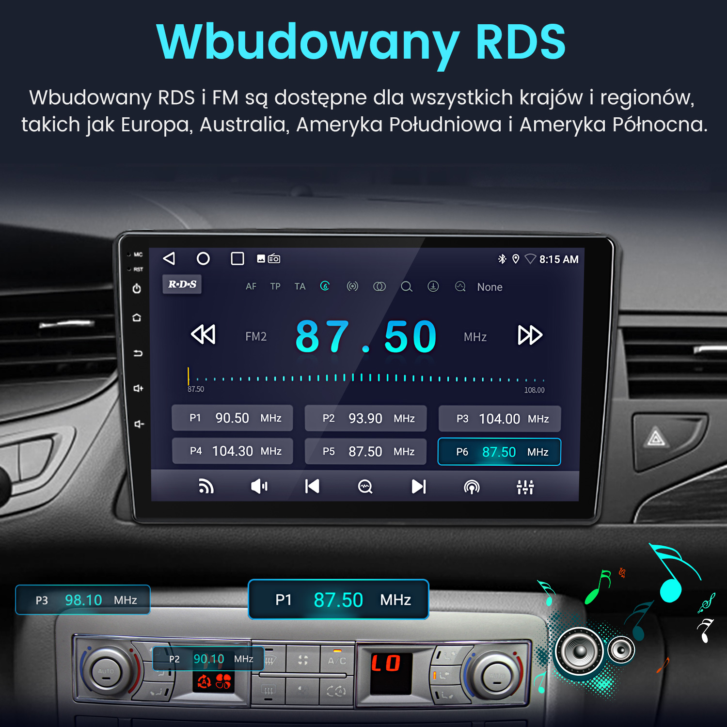 Ekran radia samochodowego wyświetlający częstotliwości radiowe i informacje RDS, z elementami wnętrza samochodu.