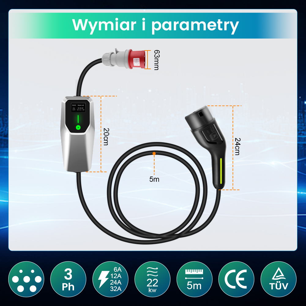 Schemat ładowarki EV pokazujący wymiary i parametry. Kabel, złącza i szczegóły wyjścia zasilania.