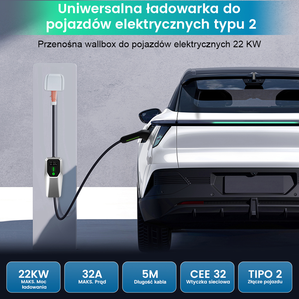 Samochód elektryczny podłączony do stacji ładowania, ze szczegółami dotyczącymi ładowarki i kabla.